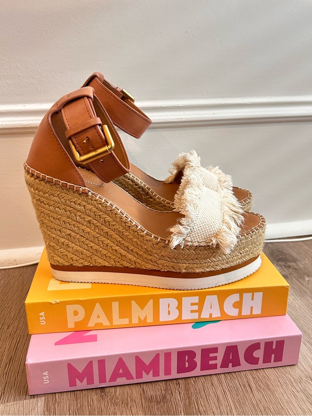 See By Chloe Glyn Espadrille Tan and Cream Fringe Sandal Wedges - Picture 4 of 8